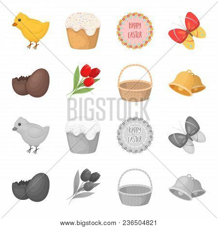 Chocolate Egg, Bells, Basket And Flowers.easter Set Collection Icons In Cartoon, Monochrome Style Ve