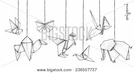 Origami - Decoration - 7 Gray Paper Figures Of Animals