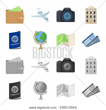 Vacation, Travel, Passport, Globe .rest And Travel Set Collection Icons In Cartoon, Monochrome Style