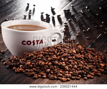 Poznan, Poland - Mar 7, 2018: Cup Of Costa Coffee, A Brand Of British Multinational Coffeehouse Comp