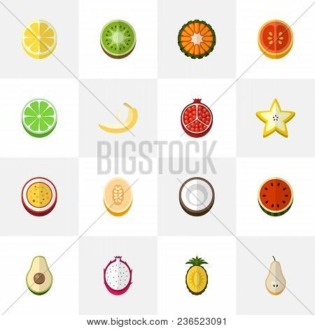 Set Of 16 Editable Berry Icons Flat Style. Includes Symbols Such As Melon, Pear, Lime And More. Can 