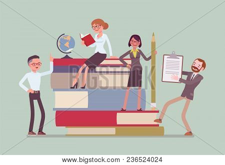 Teachers Group At Giant Books. School Or College Workers With Professional Discipline Tools, Univers