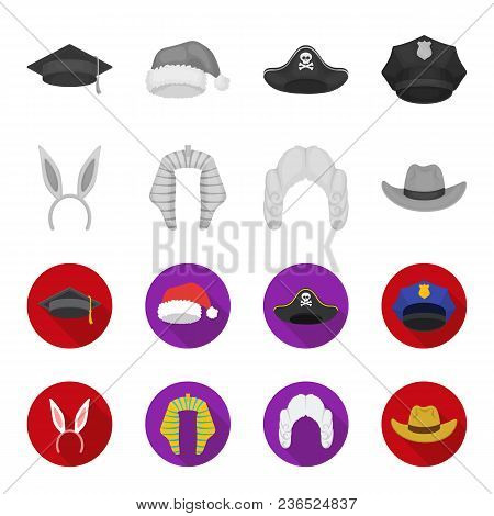 Rabbit Ears, Judge Wig, Cowboy. Hats Set Collection Icons In Monochrome, Flat Style Vector Symbol St