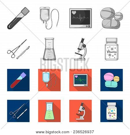 A Bank Of Vitamins, A Flask With A Solution And Other Equipment.medicine Set Collection Icons In Mon