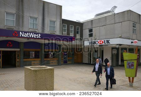 Bracknell, England - April 17, 2018: Pedestrians Passing By Adjoining Branches Of The National Westm