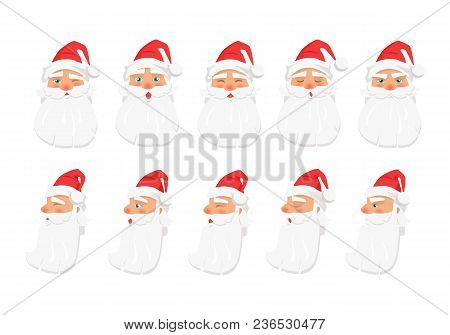 Set Of Different Emotions From Old Santa Claus On White Background. Vector Illustration Of Front And