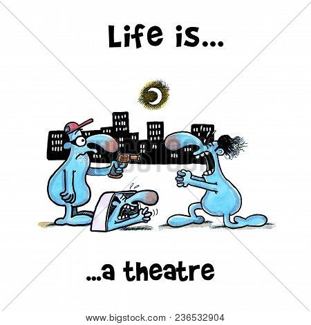 Man Is Begging To A Street Robber By The Help Of Theatre Prompter