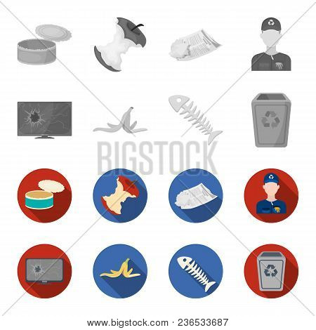 Broken Tv Monitor, Banana Peel, Fish Skeleton, Garbage Bin. Garbage And Trash Set Collection Icons I
