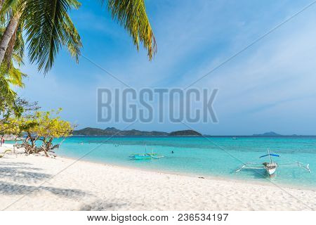 View of tropical beach on the island Malcapuya, Busuanga, Palawan, Philippines. Beautiful tropical island with sand beach, palm trees. Travel concept
