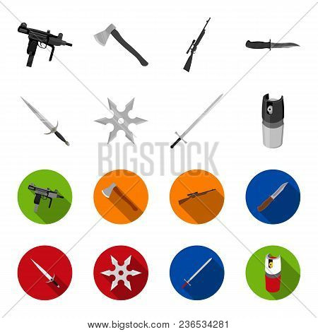 Sword, Two-handed Sword, Gas Balloon, Shuriken. Weapons Set Collection Icons In Monochrome, Flat Sty