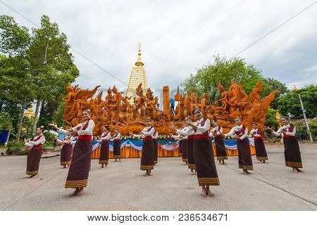 Ubonratchathani, Thailand - April 4, 2016: Thai Northeastern Style Dancing With Candle Thai Literatu