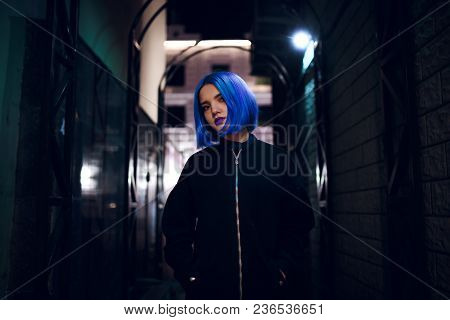 Portrait Of Beautiful Girl With Blue Hair