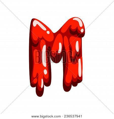 M Letter Of Sweet Fruit Jelly, Glossy, Edible Liquid Font Vector Illustration Isolated On A White Ba