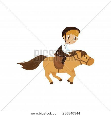 Cute Litlle Boy Riding A Horse, Equestrian Sport Concept Cartoon Vector Illustration Isolated On A W