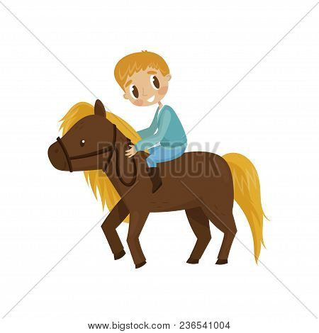 Litlle Boy Riding A Brown Horse, Equestrian Sport Concept Cartoon Vector Illustration Isolated On A 