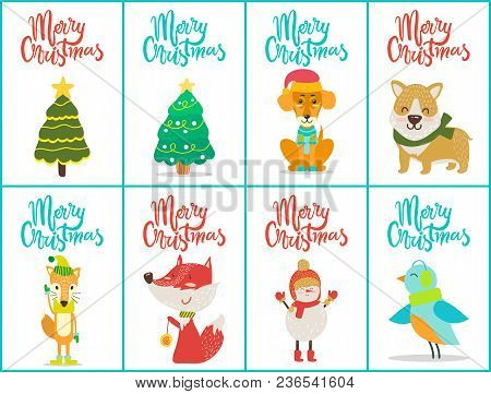 Merry Christmas Posters Set With Evergreen Tree That Is Symbol Of Holiday Dogs And Birds, Fox And Sn