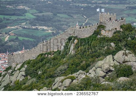 Long Shot Of Castle Of Moors In Sintra, Portugal