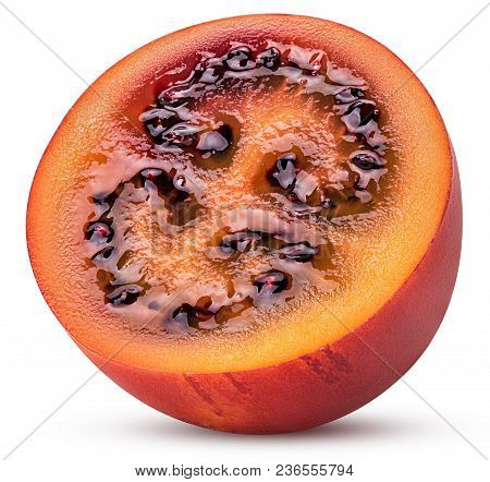 Fresh Sweet Tamarillo Cut In Half Isolated Isolated On White Background. Clipping Path. Full Depth O