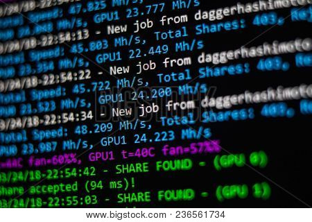 Mining Cryptocurrency Process Program On Display Pc. Using Software.