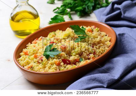 Delicious Vegetarian Couscous, Vegan Meal On Bright Background