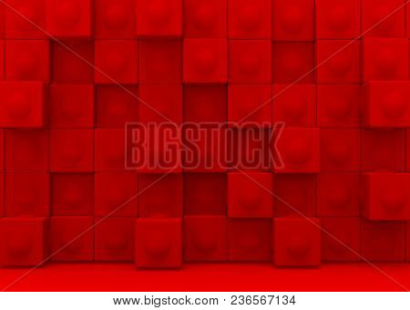 3d Rendering. Abstract Red Shpere Ball Inside Cube Box Stack Wall Background.