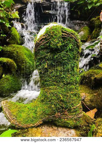 A Moss Covered Boot Sitting In Front Of A Lush Green Tranquil Waterfall