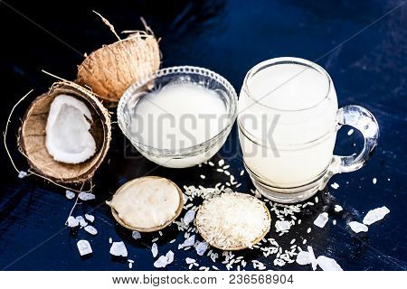 Close Up Of Famous Regional Drink Of India Apong Shrabat Or Tender Coconut Shrabat On Wooden Surface