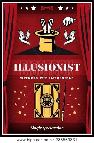 Vintage Colored Magic Illusion Poster With Rabbit In Hat Pigeons Magical Wands Glove And Safe Vector