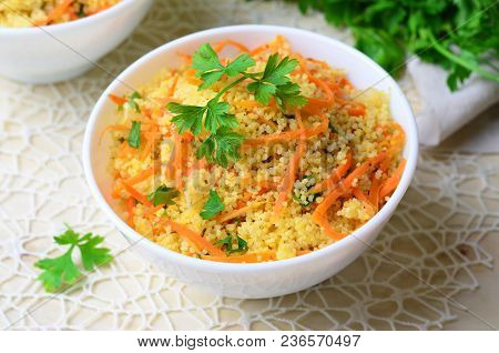 Vegetable Couscous On Bright Background, Vegan Meal