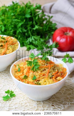Vegetable Couscous On Bright Background, Vegan Meal