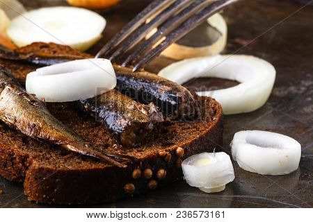 Canned Sprats In Tin Can With Rye Bread. On Rustic Background