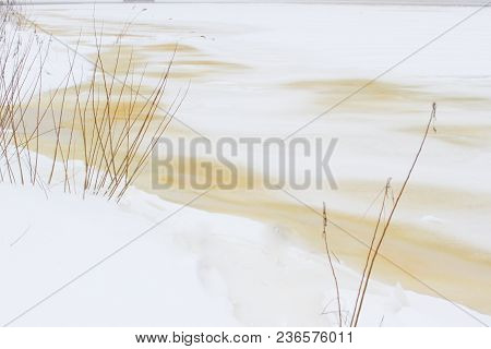 Winter Landscape. Composition Of Nature. Colored Frozen River Dniepro In Kiev, Ukraine.
