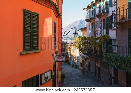 Bellagio, Italy - December 2017: Traditional Italian Street With Pebble Stairs At City Of Como Lake