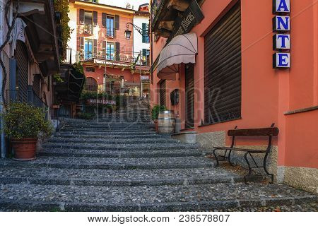 Bellagio, Italy - December 2017: Traditional Italian Street With Pebble Stairs At City Of Como Lake