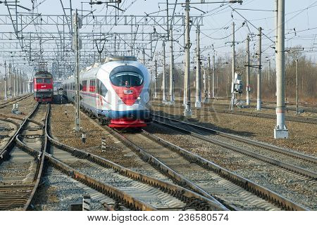 Leningrad Region, Russia - April 09, 2018: Modern High-speed Train Evs1-16  
