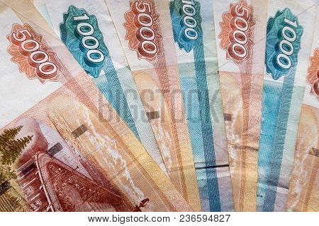 Thousand And Five Thousandth Notes Of Russian Rubles Close-up
