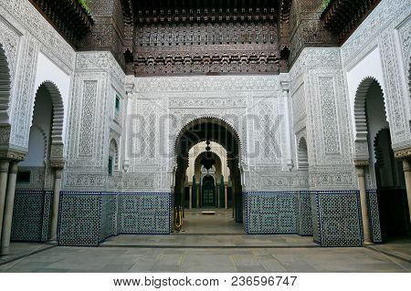 Casablanca, Morocco - April 3, 2018: Traditional Moroccan Architecture On Mahkama Du Pacha Palace In
