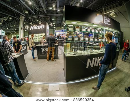 Moscow, Russia - April 13, 2018: Booth Of Nikon Company At Photoforum 2018 Trade Show And Exhibition