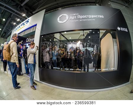 Moscow, Russia - April 13, 2018: Art Space Booth Of Olympus Company At Photoforum 2018 Trade Show An