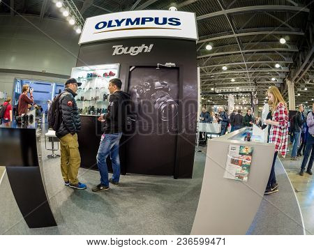 Moscow, Russia - April 13, 2018: Booth Of Olympus Company At Photoforum 2017 Trade Show And Exhibiti