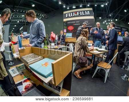Moscow, Russia - April 13, 2018: Booth Of Fujifilm Company At Photoforum 2018 Trade Show And Exhibit