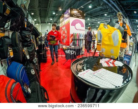 Moscow, Russia - April 13, 2018: Booth Of Lastolite, Lowepro And Joby Companies At Photoforum 2018 T