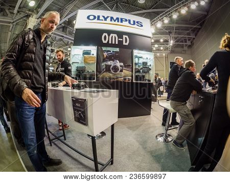 Moscow, Russia - April 13, 2018: Booth Of Olympus Company At Photoforum 2017 Trade Show And Exhibiti