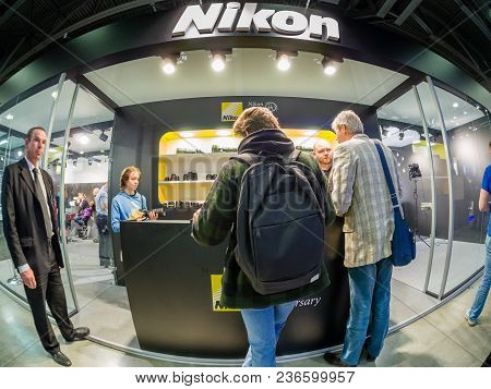 Moscow, Russia - April 13, 2018: Booth Of Nikon Company At Photoforum 2018 Trade Show And Exhibition