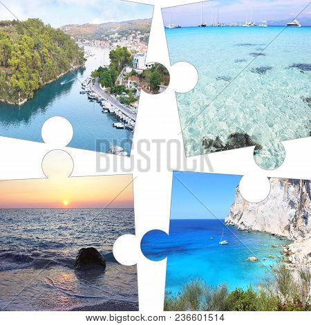 Photo Collage In Puzzle Pieces Of Paxos And Antipaxos Ionian Islands Greece