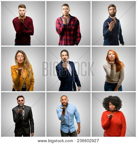 Group of mixed people, women and men expressing love, blows kiss at camera, flirting