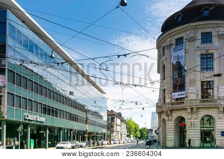BASEL, SWITZERLAND - June 16, 2017: Street view of Basel cityscape, Switzerland