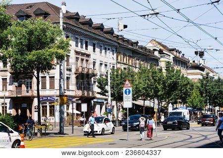 BASEL, SWITZERLAND - June 16, 2017: Tourists on foot Graben Street in Basel,Switzerland