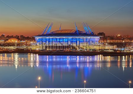 St. Petersburg, Russia - April 13, 2018: Evening Illumination Of Zenit Arena Soccer Stadium For Hold