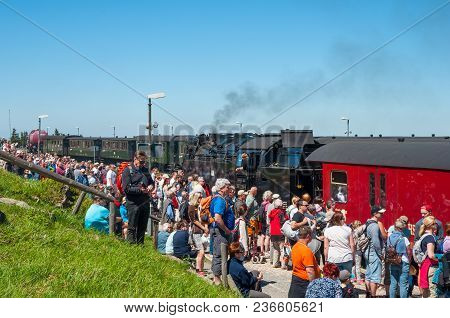 Brocken Germany - May 27. 2018: Vintage Steam Train Arriving Towards Brocken Train Station In German